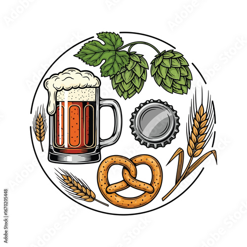 A colorful vintage-style brewing emblem with a mug of dark beer, fresh hops, golden wheat, and a salted pretzel in a circular composition
