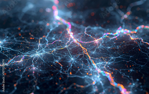 Marble veins replaced with glowing rainbow fibers. 