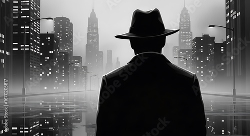 Man in fedora hat looks over foggy city skyline at night
