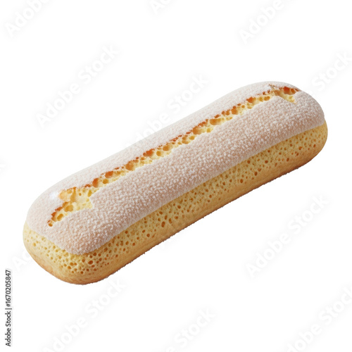 A single, golden-brown ladyfinger biscuit, perfectly formed and dusted with powdered sugar, isolated on a clean, neutral light grey studio background, macro shot, concept of delicate dessert