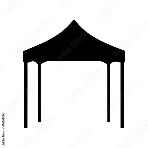 Silhouette of a black event tent with peaked roof and four legs