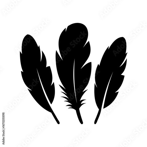 Three elegantly shaped black bird feathers in a stark, simple silhouette