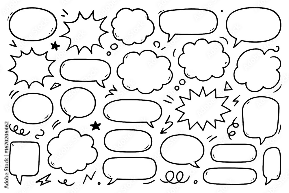 Fototapeta premium Hand drawn speech bubble collection with doodle style comic chat frames, Transparent Background