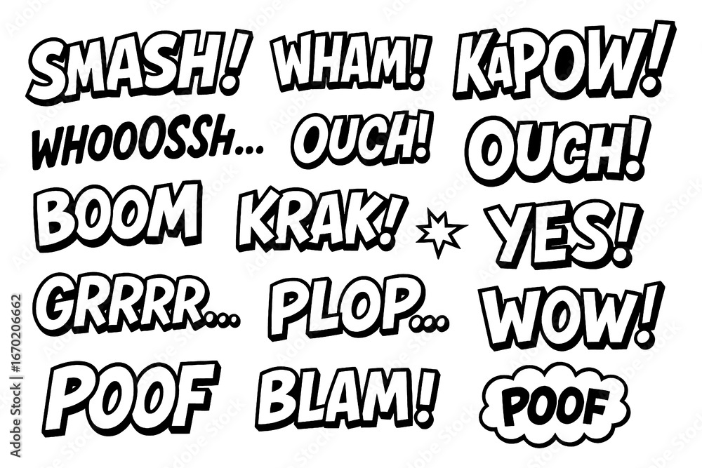 Fototapeta premium Comic book sound effect text collection with bold lettering and dynamic expressions, Transparent Background