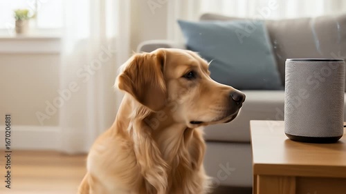 Golden retriever looks intently at a smart speaker on a side table