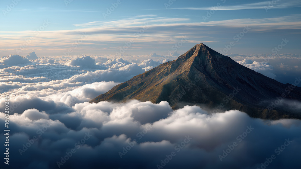 Fototapeta premium A volcanic cone rises from clouds, the dramatic scene illuminated by gentle sunlight. Volcano, clouds, with copy space
