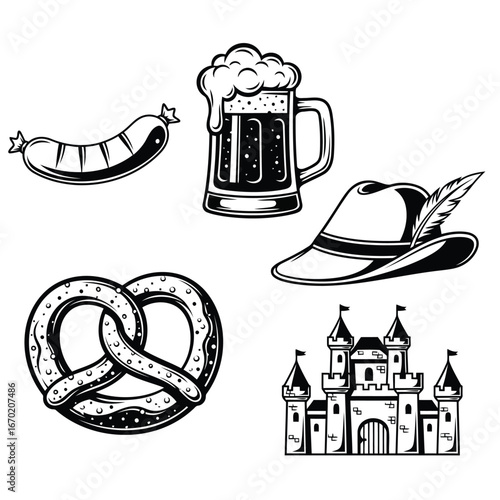 Bavarian culture and Oktoberfest celebration elements featuring beer mug, pretzel, sausage, traditional hat, and a majestic fairytale castle illustration