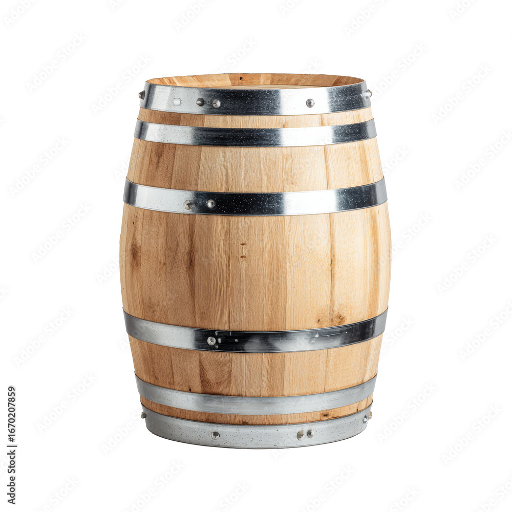 Obraz premium Rustic wooden barrel with metal hoops isolated on transparent background