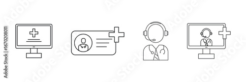 Online health portal, digital medical profile, telehealth consultation, virtual doctor support icon vector illustration for remote healthcare communication system.