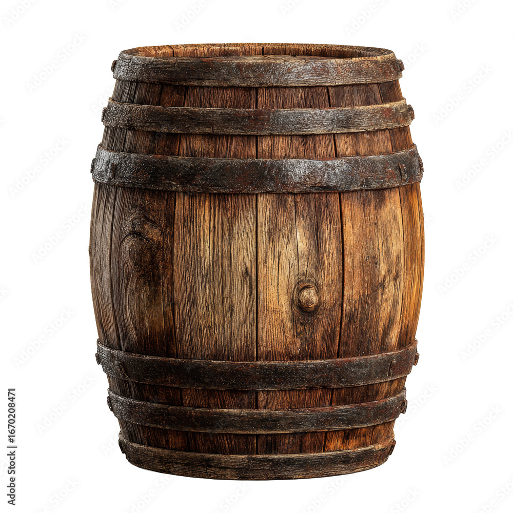 Obraz premium Rustic wooden barrel with metal bands isolated on transparent background