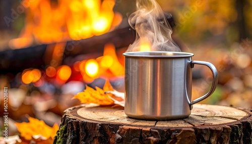 Warm Campfire Drink in Autumn Setting
