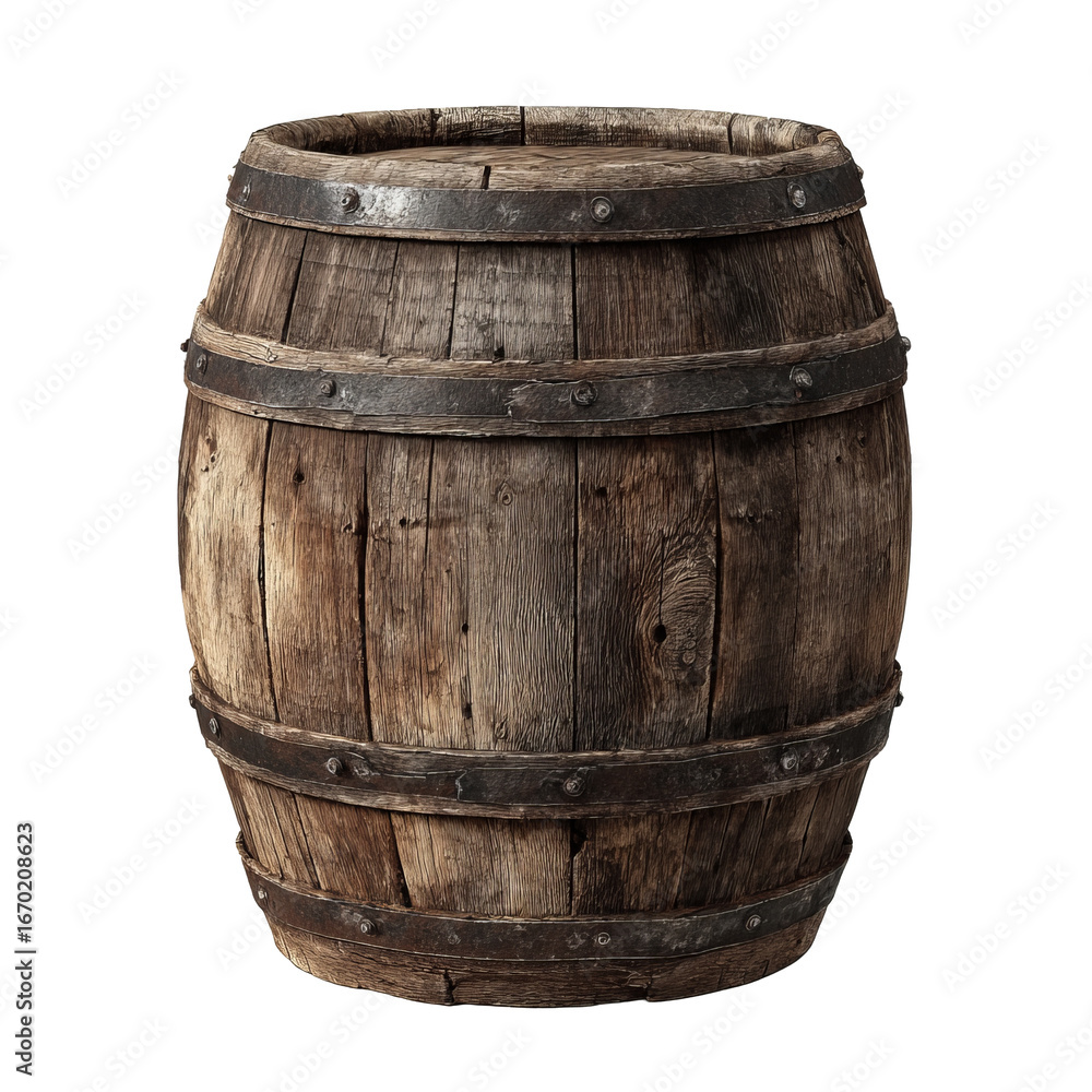 Fototapeta premium Rustic wooden barrel with metal bands isolated on transparent background