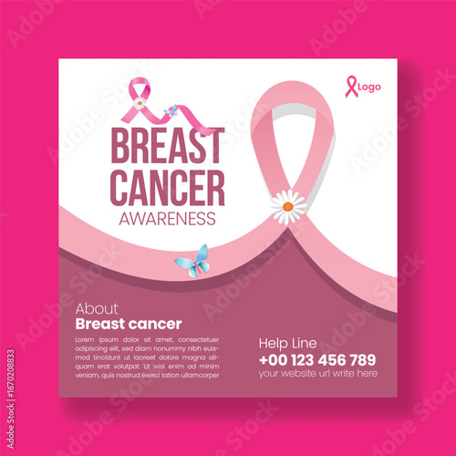 Editable Social Media post, Banner Template for Breast Cancer Awareness Month, Charity Event Promotion, cancer diagnosis, check-up campaign promotional advertisement design