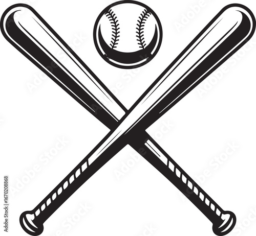 Monochrome two crossed baseball bats, icon sports tool. Vector illustration, isolated on white background. Simple shape for design logo, emblem, symbol, sign, badge, label, stamp