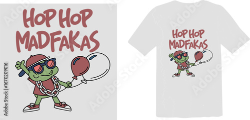  A cool cartoon frog wearing a hat and sunglasses, holding a balloon