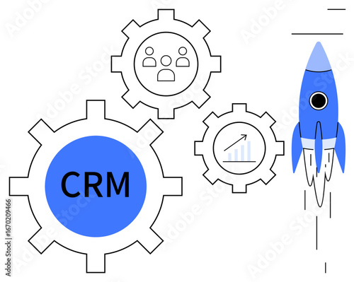 Large CRM cogwheel with team icon, graph, and blue rocket accentuate business growth, innovation, collaboration, and analytics. Ideal for tech, management, marketing startup strategy operations