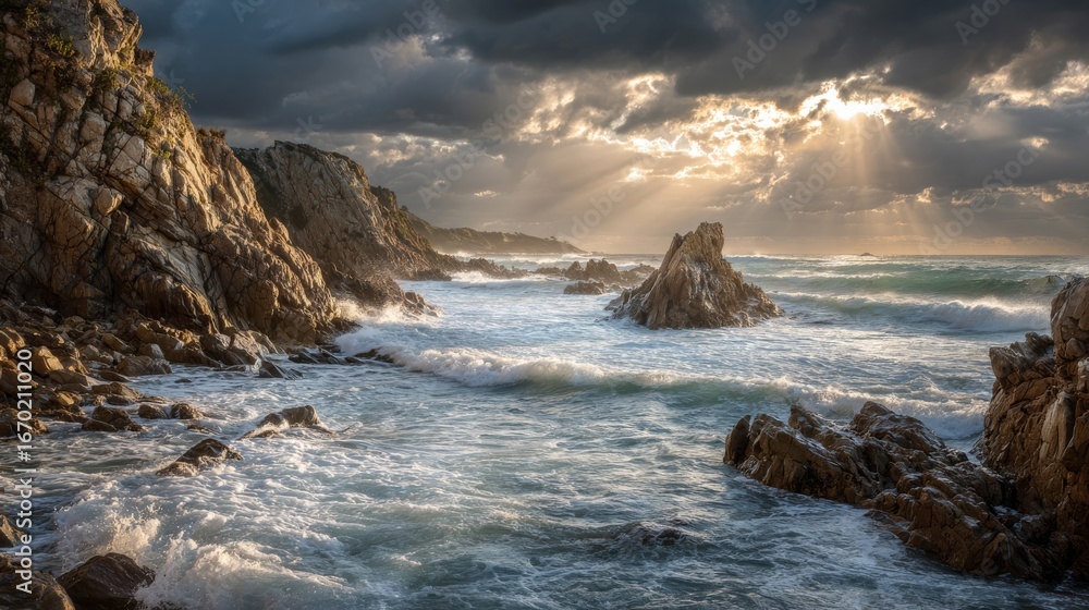 Obraz premium A stunning coastal landscape with dramatic skies, crashing waves, and rocky cliffs.