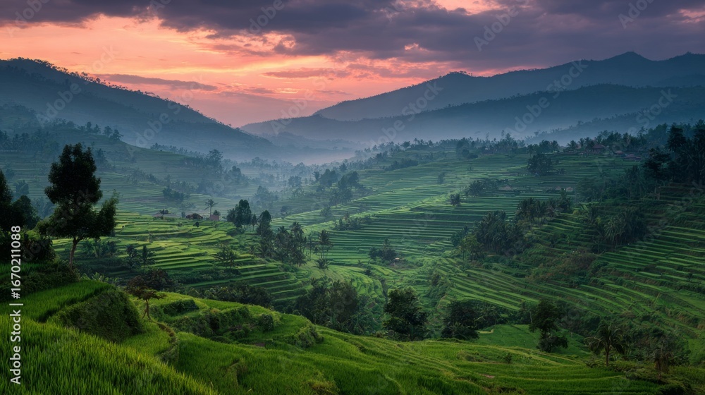 Fototapeta premium Stunning sunset illuminates the lush green rice terraces in a tranquil valley.