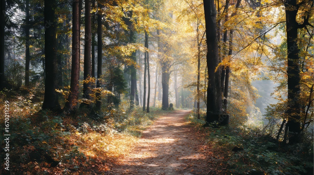 Fototapeta premium A beautiful autumn forest with a path leading into the sunlight.