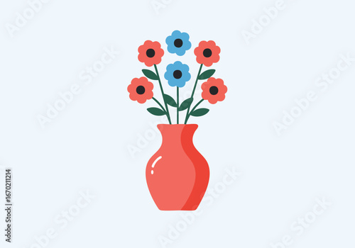 Simple illustration of a red vase with red and blue flowers.