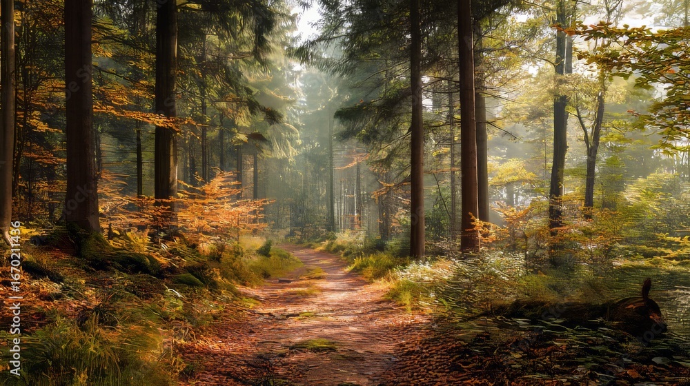 Obraz premium A sun-drenched path beckons through a vibrant autumn forest, creating a tranquil scene.