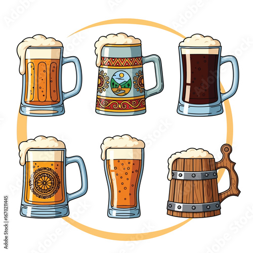 Vibrant illustrative collection of diverse beer mugs, steins, and glasses. Showcases various styles of frothy golden lagers and dark ales, ideal for beverage themes