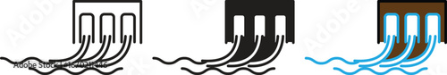 Hydroelectric dam icon with flowing water representing renewable energy, hydro power plant and sustainable electricity generation with transparent background