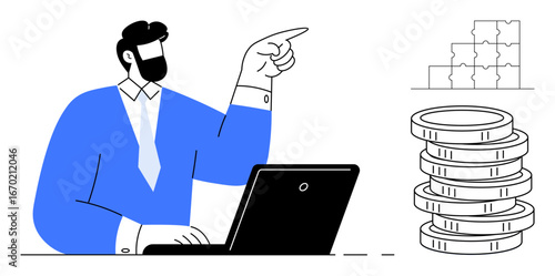 Man in formal attire using a laptop, pointing ahead, near coins and puzzle pieces. Ideal for business, finance, planning, investment, strategy technology cooperation. Simple flat metaphor