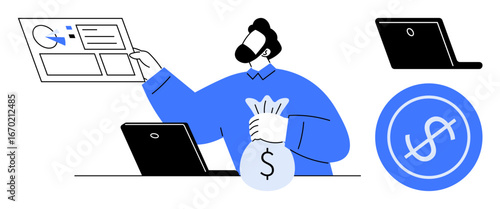 Man holding moneybag while interacting with financial data on a chart and using a laptop. Ideal for business, finance, investment, technology, data analysis, online banking, simple flat metaphor