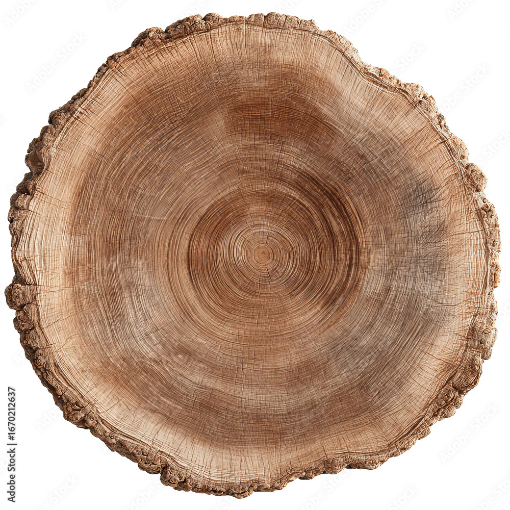Obraz premium Detailed wooden tree cross-section with visible growth rings and natural rough edges isolated on transparent background