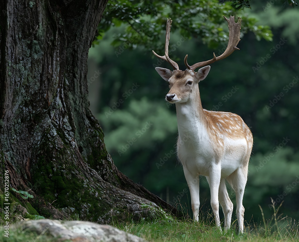 Obraz premium Majestic fallow deer stands proudly near ancient tree in lush european forest