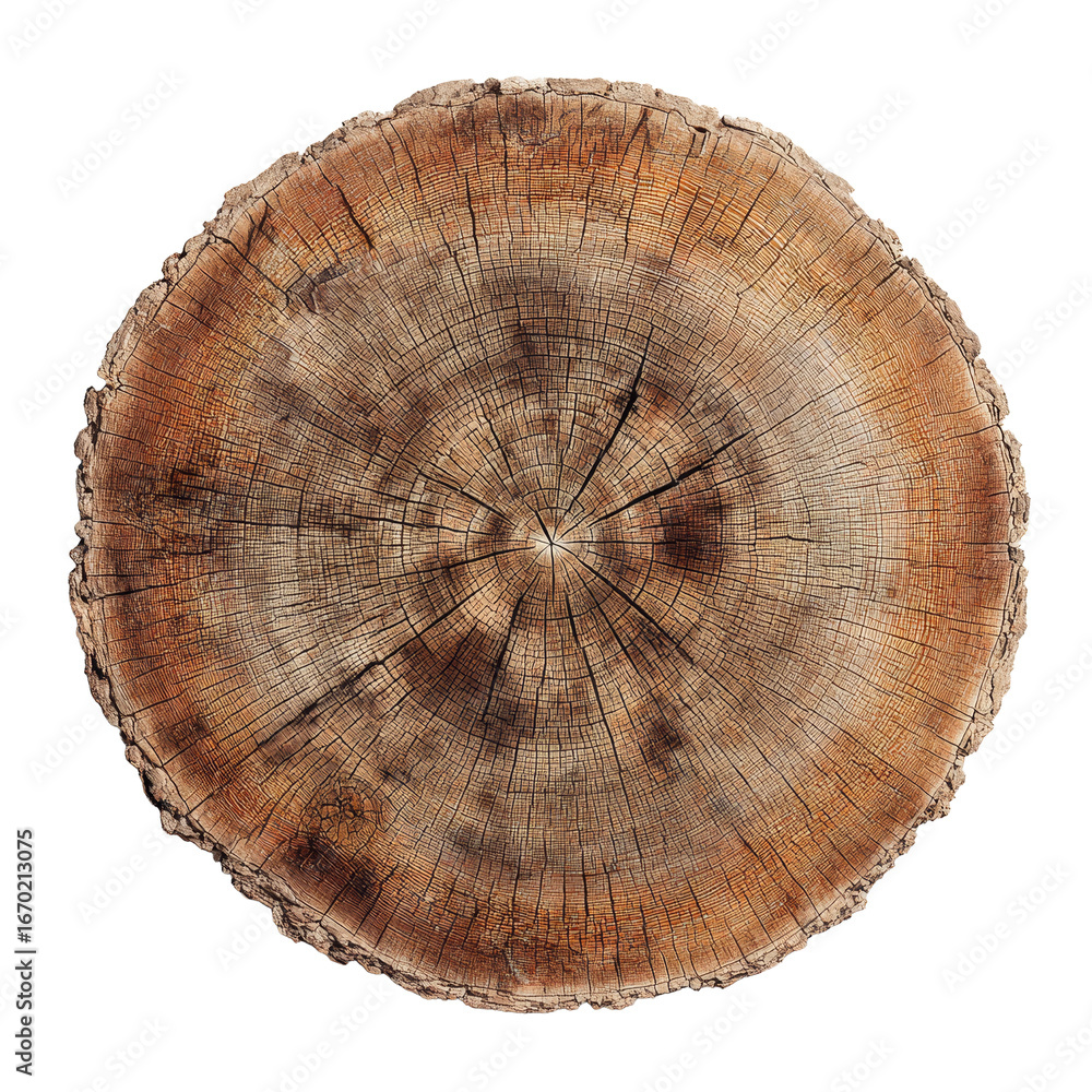 Obraz premium Detailed close-up of tree trunk cross-section revealing natural rings and textured wood grain on transparent background