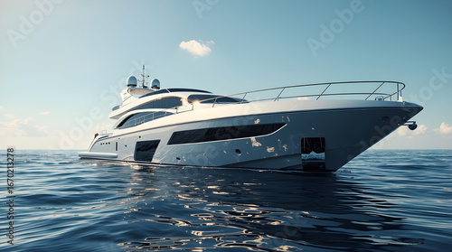 A luxurious white yacht cruises across the glistening blue sea on a beautiful summer day