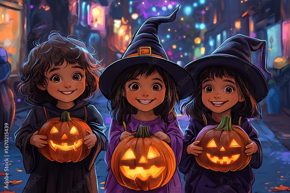 Fototapeta premium Adorable kids in witch hats with glowing pumpkins create a magical Halloween season atmosphere