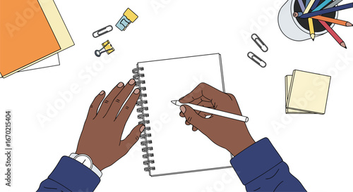 Artist hands drawing on a blank notebook with a pencil surrounded by office supplies on a white desk top view illustration