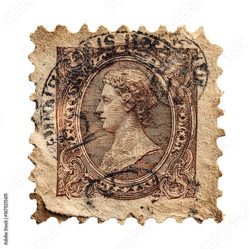Vintage rectangular postage stamp with profile portrait of curly-haired woman facing left and cancellation marks on transparent background