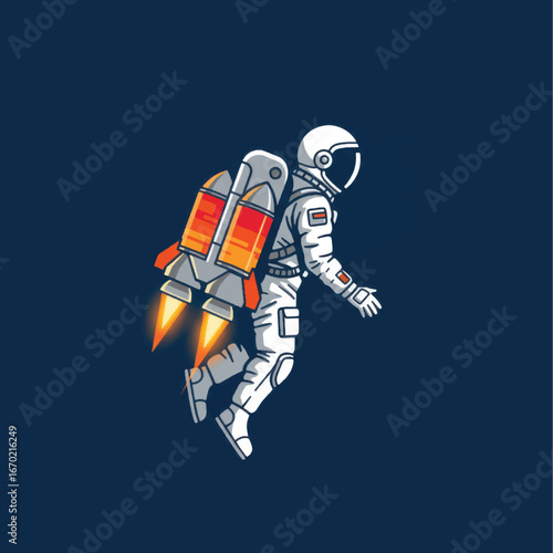 Cartoon Astronaut with Jetpack Soaring Through Space, Orange Flames Blazing