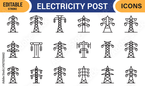 Set of vector icons depicting electricity posts, modern electric transmission towers, and utility infrastructure.