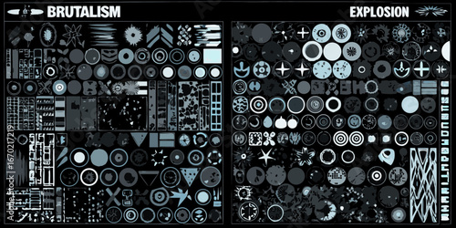 Collection of abstract geometric shapes and patterns inspired by brutalism and explosions in monochrome shades