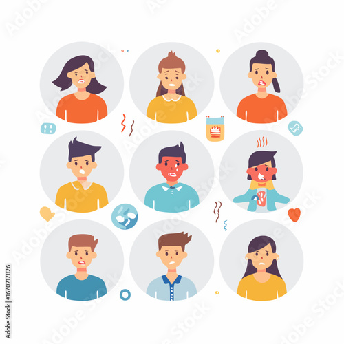Flat vector illustration of human characters showing expressions of sickness: toothache, stomachache, headache, flu, and fever. Clean minimal style for medical and health projects.