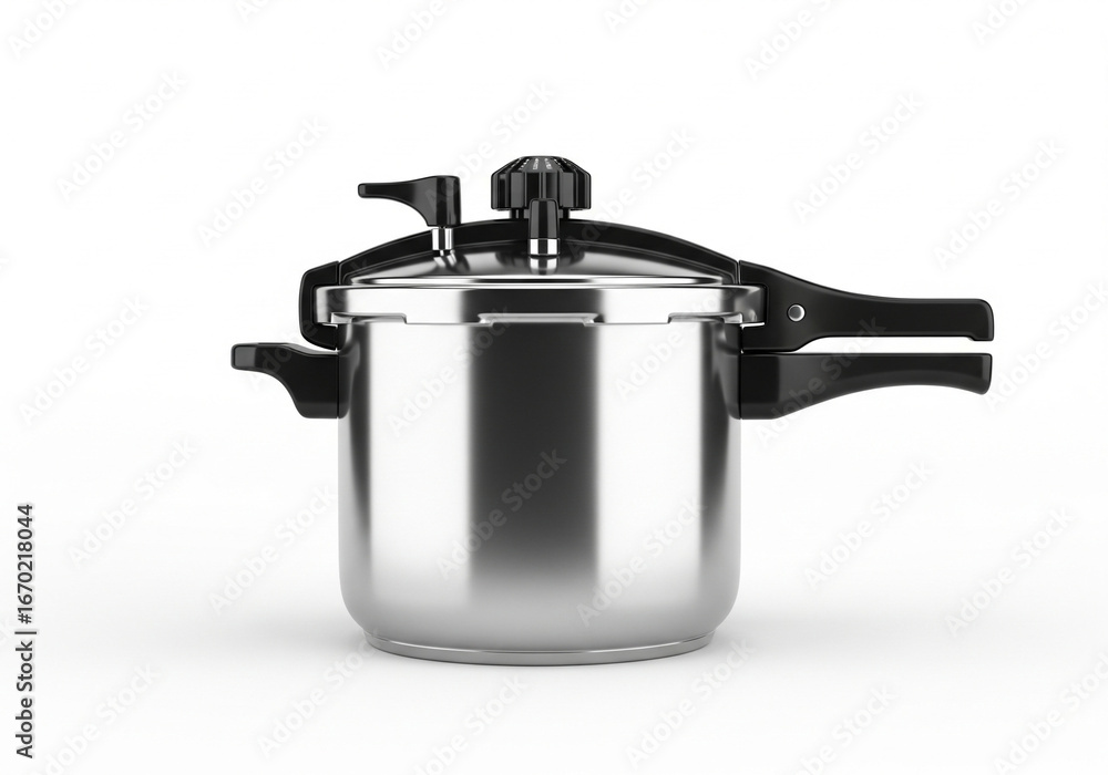 Obraz premium Shiny metallic pressure cooker with black handles, a kitchen essential for fast and efficient home cooking, isolated on a white background