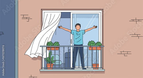 Man opens arms on balcony enjoying fresh air and sunny day through window with curtains blowing in the wind