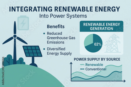 Integrating renewable energy into power systems offers benefits like reduced greenhouse gas emissions and diversified energy supply. graphic shows renewable energy generation at 62%