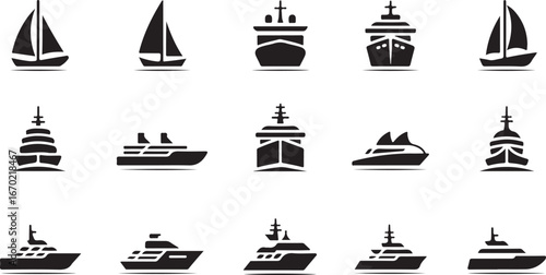Ship and marine boat black silhouette set