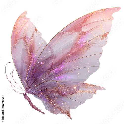 Ethereal butterfly with translucent pink and purple glitter wings on transparent background