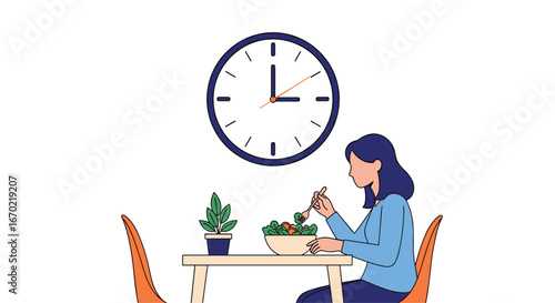 Woman eating healthy salad for lunch at the table with a clock showing the time for a midday meal