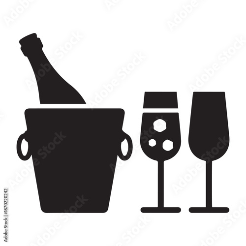 Champagne in ice bucket and two glasses solid icon, Wine festival concept, Romantic dinner sign. Vector black silhouette. with white background