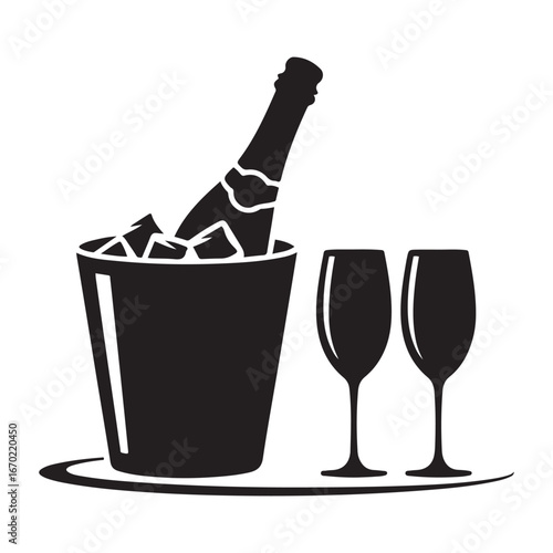 Champagne in ice bucket and two glasses solid icon, Wine festival concept, Romantic dinner sign. Vector black silhouette. with white background