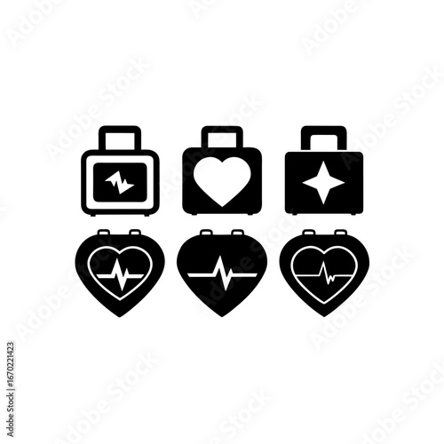 6 different defibrillator silhouette vector icons 