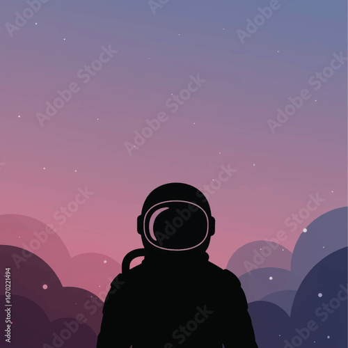 Silhouette of an Astronaut in Space with a Pink and Purple Nebula